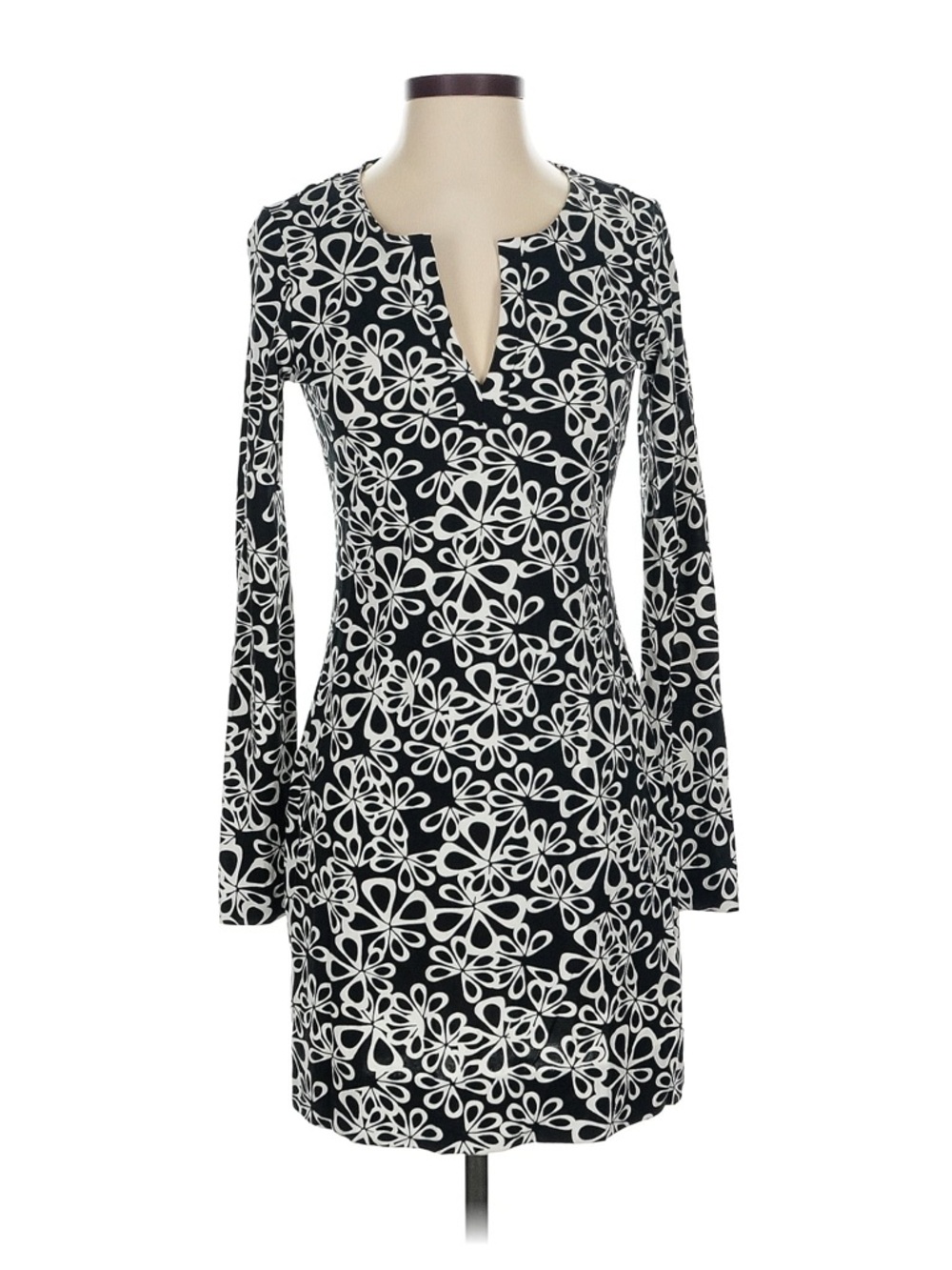 Diane Von Furstenberg Black and White Floral-Loop Long Sleeve Dress